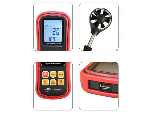 Анемометр (измеритель потока воздуха) 0,3-45м/с, 0-45°C BENETECH GM8909