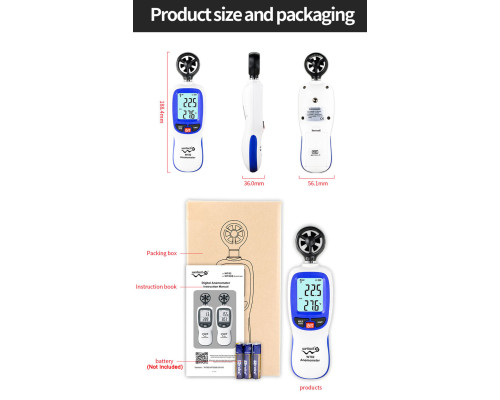 Анемометр крыльчатый Bluetooth 0,3-30 м/с, -10-45°C WINTACT WT82B