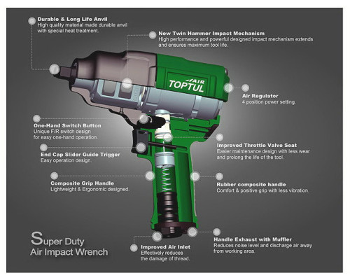Пневмогайковерт профессиональный TOPTUL 1/2" 1085N/m 8000об/мин KAAJ1680