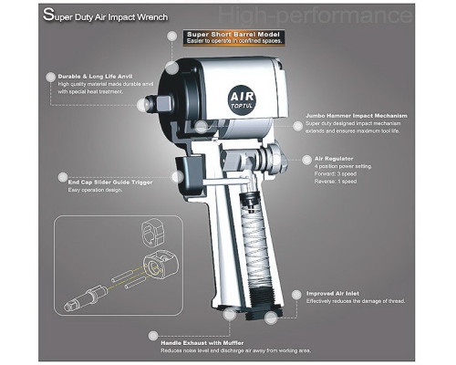 Гайковерт для шиномонтажа пневматический TOPTUL 1/2" 678 Nm 9500об/мин супер-короткий KAAQ1650